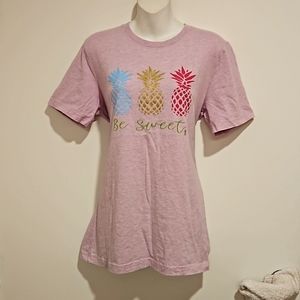 Bella-Canvas pineapple graphics 'Be Sweet' Med. Gold pink blue on pink grey tee